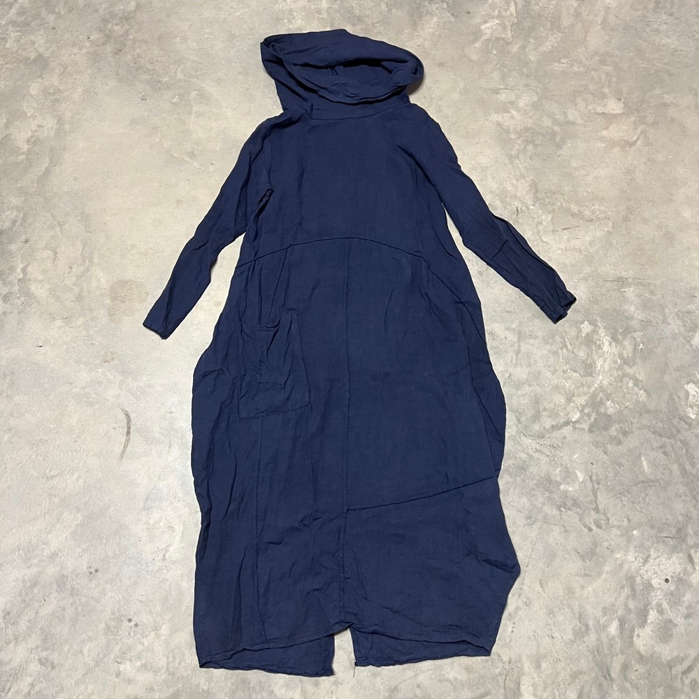 Vasna Navy Blue 100% Linen Hooded Lagenlook Maxi Dress Made in Italy Small